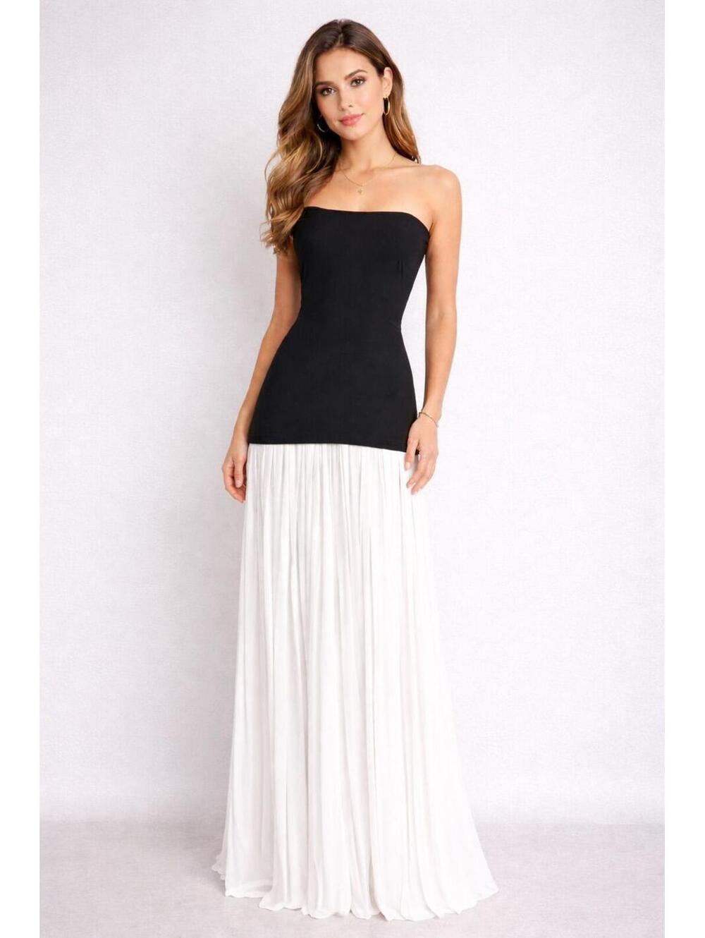 Elegant Strapless Maxi Dress – Black & Ivory Colorblock